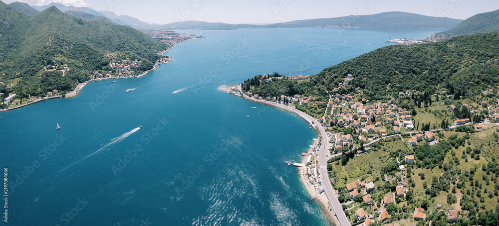 Obraz premium Aerial view of Herceg Novi coastline and Bay of Kotor, Montenegro