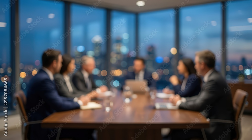Fototapeta premium Contemporary corporate boardroom with a polished wooden conference table and leather chairs. Large windows overlook a city skyline in this professional office space with soft focus.