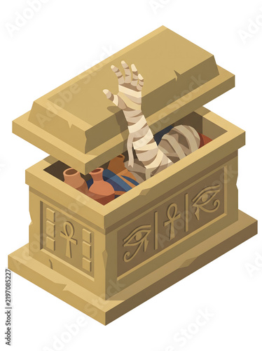 Mummy arm wrapped in bandages reaching out from a cracked stone sarcophagus decorated with Egyptian hieroglyphs.