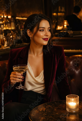 An elegant woman holds a champagne coupe at in a moody jazz club. Dim candlelight, warm golden reflections, and a piano in the background frame a sophisticated night out