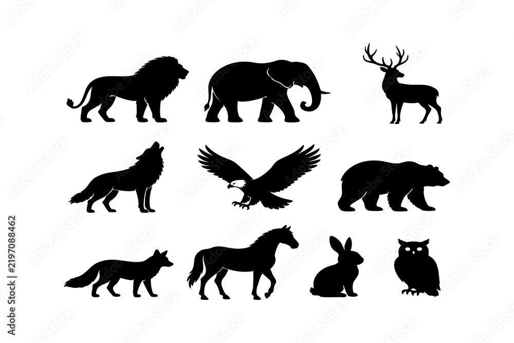 Obraz premium Set of black animal silhouettes on white background isolated on white background, Vector