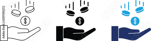 Falling coins into hand icon set, minimal finance symbols for income, investment, and cashback applications.