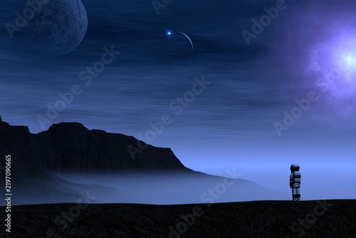 Alien world with looming mountains, a lone structure, and celestial bodies