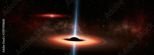 A colossal black hole spews a luminous jet while accreting matter from swirling discs