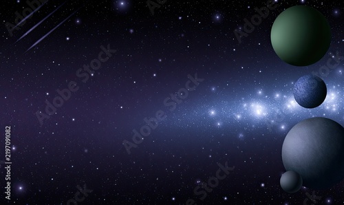 Distant celestial bodies with nebulae, stars, and streaks of light