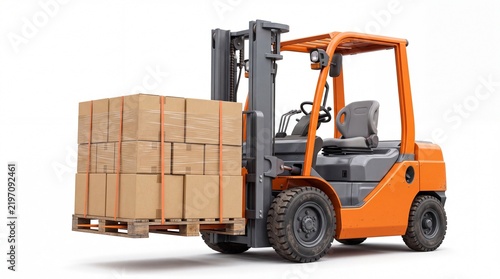 Bright orange industrial forklift transporting stacked cardboard boxes on wooden pallet isolated on white background