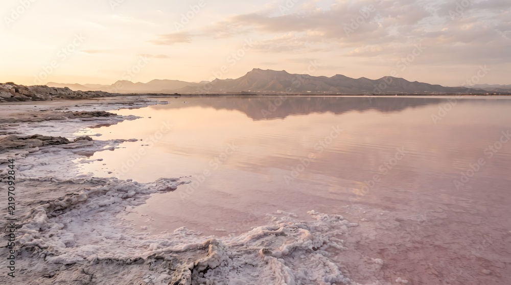 Fototapeta premium Calm Pink Saltwater Lagoon with Reflective Shoreline and Distant Mountain Silhouette