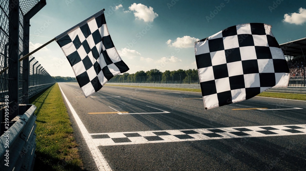 Obraz premium Two checkered flags wave at the finish line of a race track. The asphalt road has white markings. Green grass lines the track, with trees and a stadium in the background.