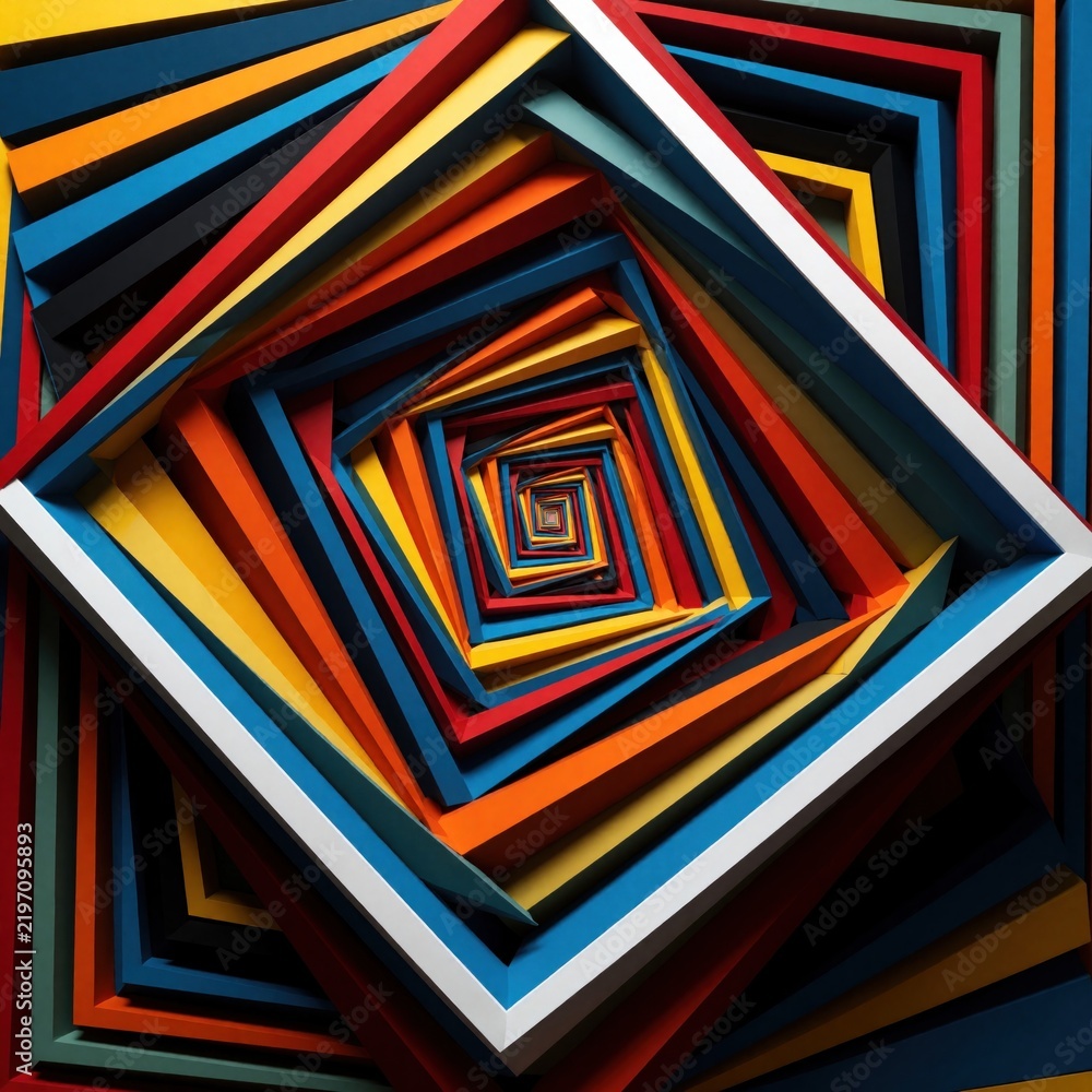 Fototapeta premium Abstract geometric pattern with nested colorful squares. Multicolored concentric diamond shapes create optical illusion tunnel effect. Vibrant linear design features deep perspective with bright