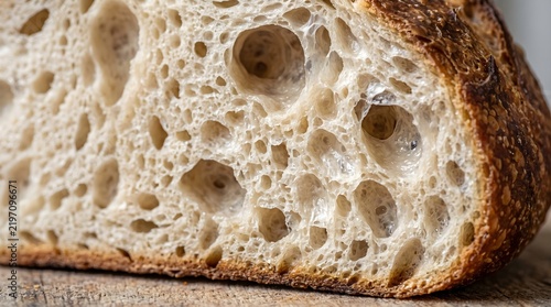 Close-up of fresh artisanal sourdough bread showing an airy crumb structure and golden crispy crust for gourmet bakery branding and culinary advertising concept.