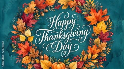 Festive thanksgiving wreath with autumn leaves and calligraphy text on teal background