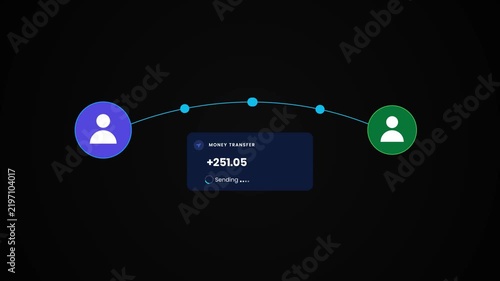 Money sent between digital wallets with transfer complete animation isolated on black background
