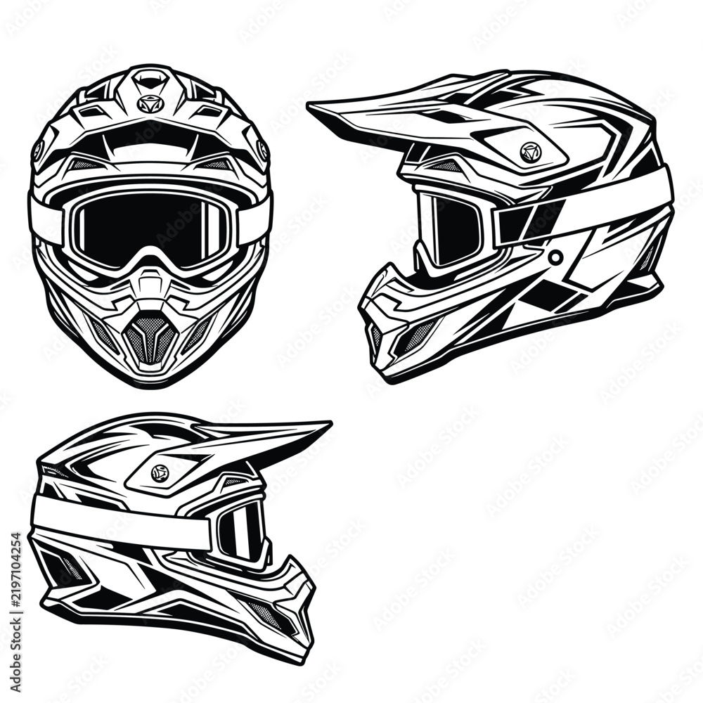 Fototapeta premium Detailed motocross helmet technical illustrations set.