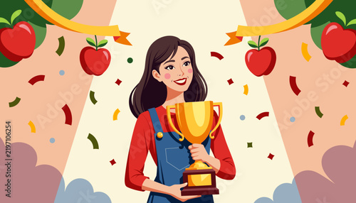 Young woman holding a trophy with confetti and apples around her  