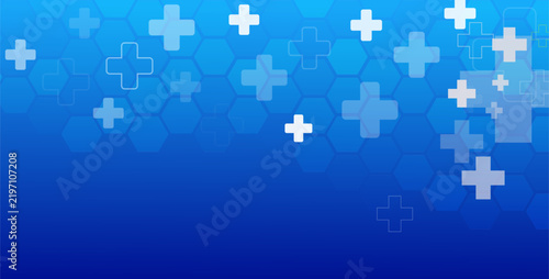 Abstract blue vector background featuring a hexagonal geometric grid texture and scattered floating white medical cross icons for science, health, and modern technology design projects.