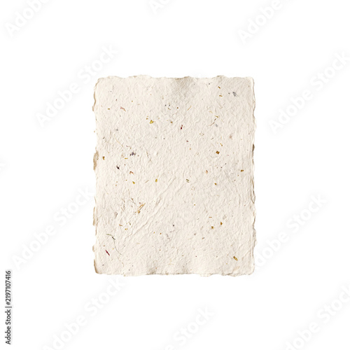 Single Blank Handmade Recycled Paper Sheet Isolated Featuring Rough Deckle Edges, Gold Foil Flakes, and Dried Floral Petals for Shadowless Stationery Mockup