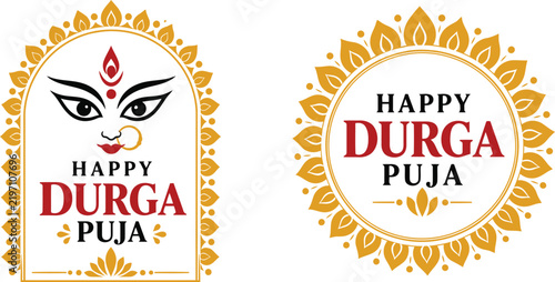 Happy Durga Puja Festival Emblem Set with Goddess Face and Mandala
