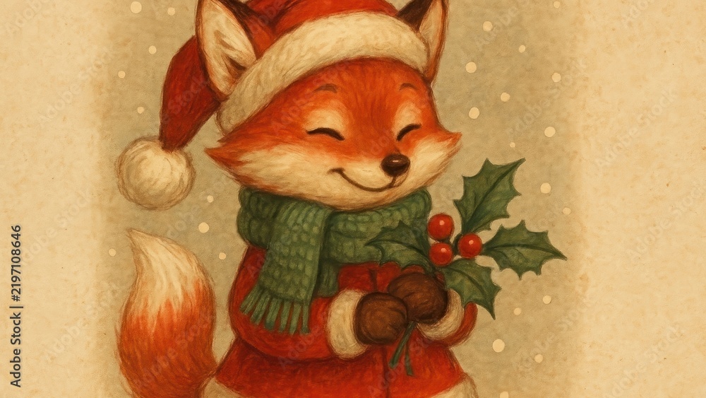 Obraz premium Festive fox in holiday attire desktop wallpaper