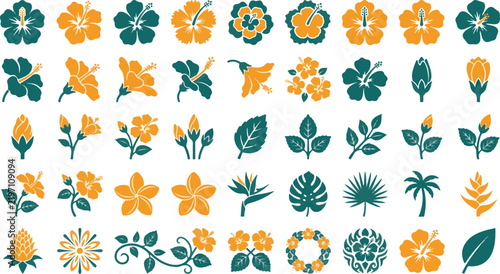Colorful Floral and Botanical Element Collection with Flowers, Leaves and Decorative Nature Motifs