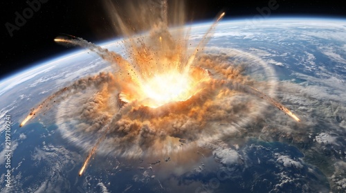 Impacto catastrófico de un asteroide gigante contra el planeta Tierra visto desde el espacio. Concepto de apocalipsis, destrucción mundial y colisión cósmica
