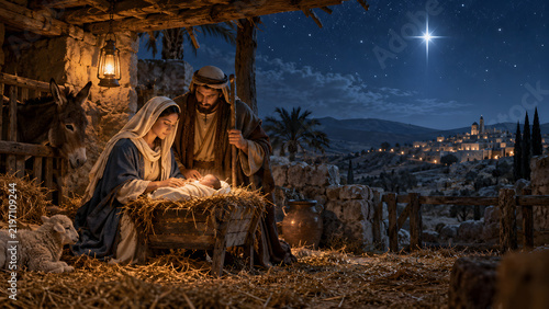 Virgin Mary with Baby Jesus in Nativity Scene Under Bethlehem Star

