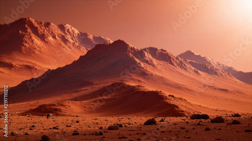 Red rocky mountain landscape with scattered stones under bright sunlight