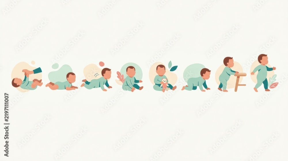 Fototapeta premium Illustrations depict various gross and fine motor skills that babies typically achieve within their first year, supporting early development.