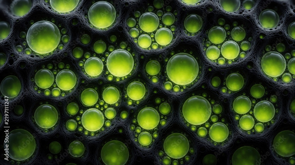 Obraz premium Abstract macro view of glowing acid green liquid bubbles on dark charcoal background. Futuristic bio organic texture features neon fluid cells, irregular patterns. Science fiction style pattern shows