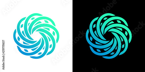 Abstract circular spiral vortex logo design with neon green and blue gradient lines on black and white backgrounds