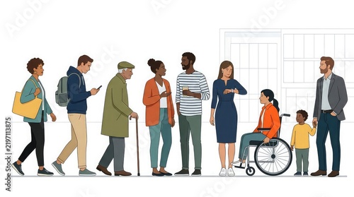 Diversity and inclusion community crowd vector illustration. Featuring elderly man with cane. Woman in wheelchair. Multiethnic people waiting in line. Flat design vector graphic for social projects