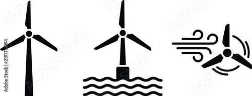 Wind Turbines Set with Wave Lines, Representing Renewable Energy Concept. Vector Illustration, Clean Design, Sustainable Power Generation.