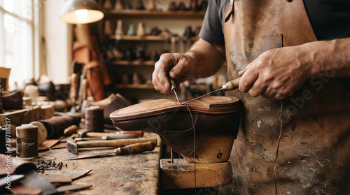 Cordwainer hands using curved awl stitching leather welt on shoe last