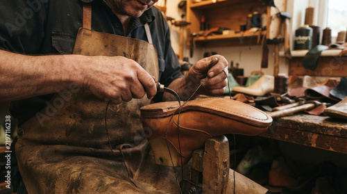 Cordwainer hands using curved awl stitching leather welt on shoe last
