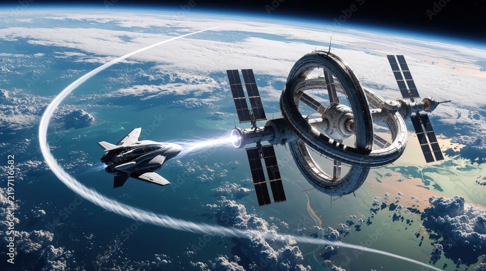 Obraz premium Futuristic spaceship docks at orbital station above Earth atmosphere. Advanced space craft connects to large ring structure, preparing for next mission. Journey through cosmos.