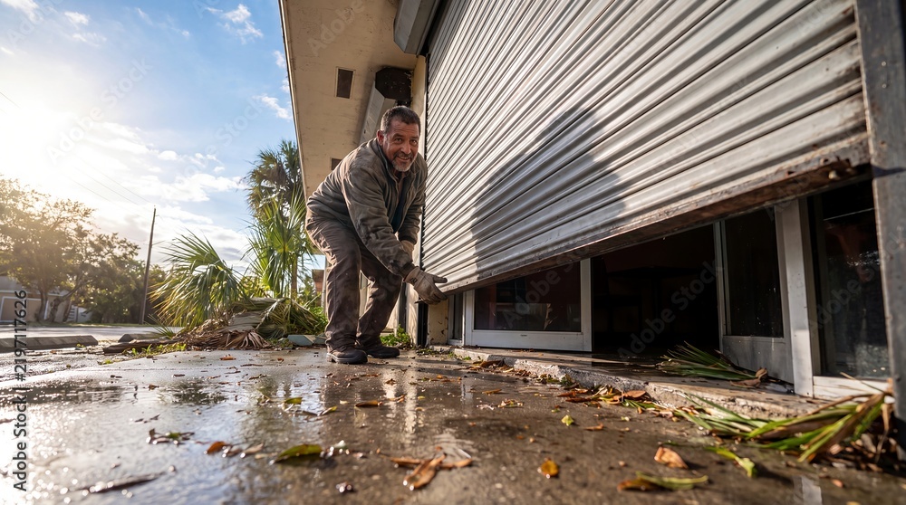 Obraz premium florida cafe owner shutter storm cleanup business reopening resilience hospitality A small business owner raises a damaged metal shutter after for regional business marketing and service campaigns