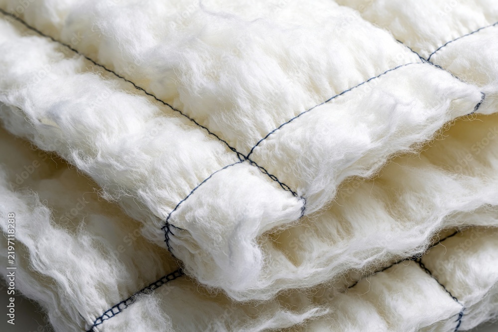 Obraz premium Soft white fluffy material quilted with dark thread. This thick padding provides thermal insulation for garments. It is used for making warm clothes and bedding.
