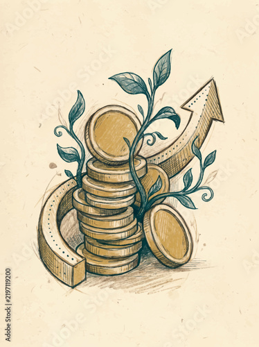 Coin Stack with Growing Plant Financial Investment Vector Concept