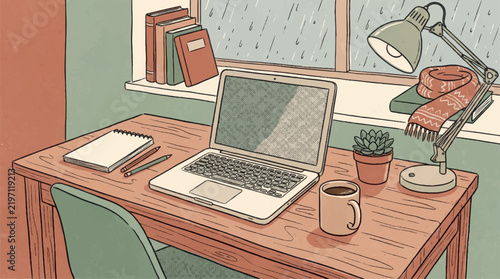 Cozy Desk Scene with Laptop Workspace Vector Illustration