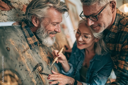 Happy mature couple painting on large canvas together in art studio workshop room