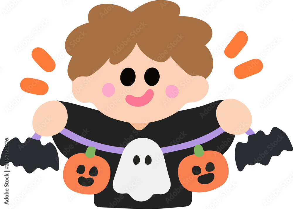 Obraz premium Cute Halloween boy holding spooky party garland banner with pumpkins ghosts and bats sticker illustration
