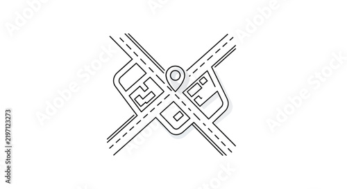 Top-down view of a city map intersection with a location pin icon.