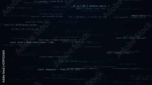 Lines of complex computer programming code drift slowly against a dark blue background to represent software development.