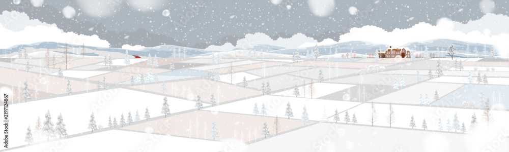 Obraz premium Winter Christmas landscape with snowy countryside fields, falling snow, pine trees and distant houses,Panoramic seasonal background for holiday, Vector illustration winter nature banner festive desi