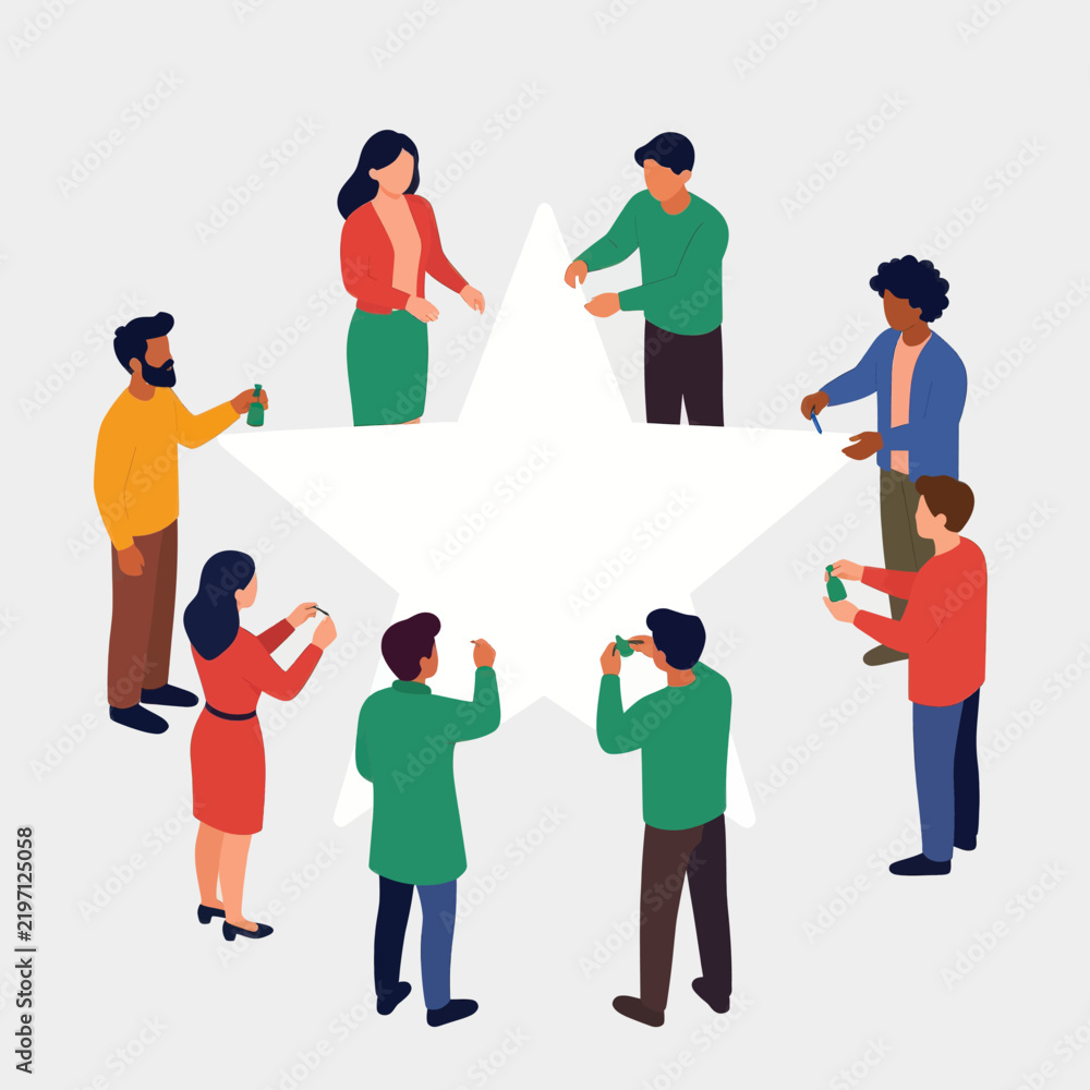 Fototapeta premium Diverse Group of People Standing Around a Large White Star Shape on a Gray Background, Minimalist Flat Illustration Concept for Teamwork, Unity, Success and Community Celebration