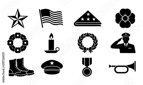 Set of black silhouette icons representing symbols of honor and remembrance for veterans day and patriotic holidays