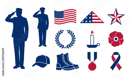 Set of blue silhouette icons for veterans day featuring soldiers flags medals and military memorial symbols