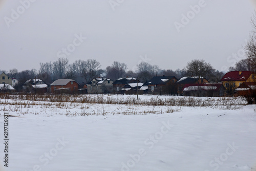 Fotografía A picturesque countryside village is located beyond a snowy field during severe winter