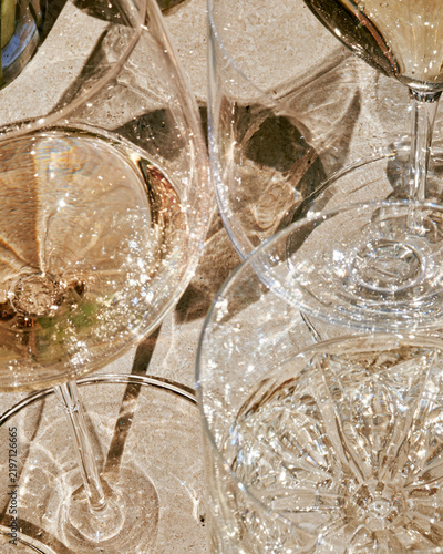Abstract Glassware Composition with Sunlight Reflections and Shadows