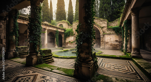 Mystical ancient Roman peristyle garden ruins with steaming pool, mosaic floor, vine-covered columns, and tall cypress trees