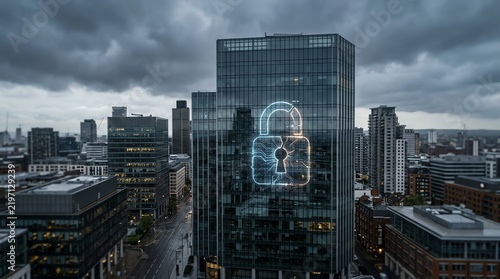 Modern Glass Office Building with Neon Security Lock Icon on Facade Under Dark Cloudy Sky